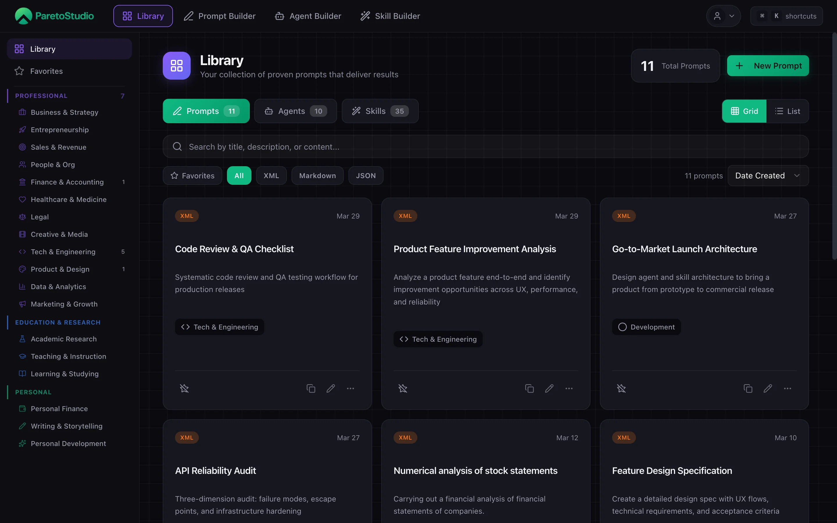 ParetoStudio Library showing 12 saved prompts across Tech, Product, and Marketing categories