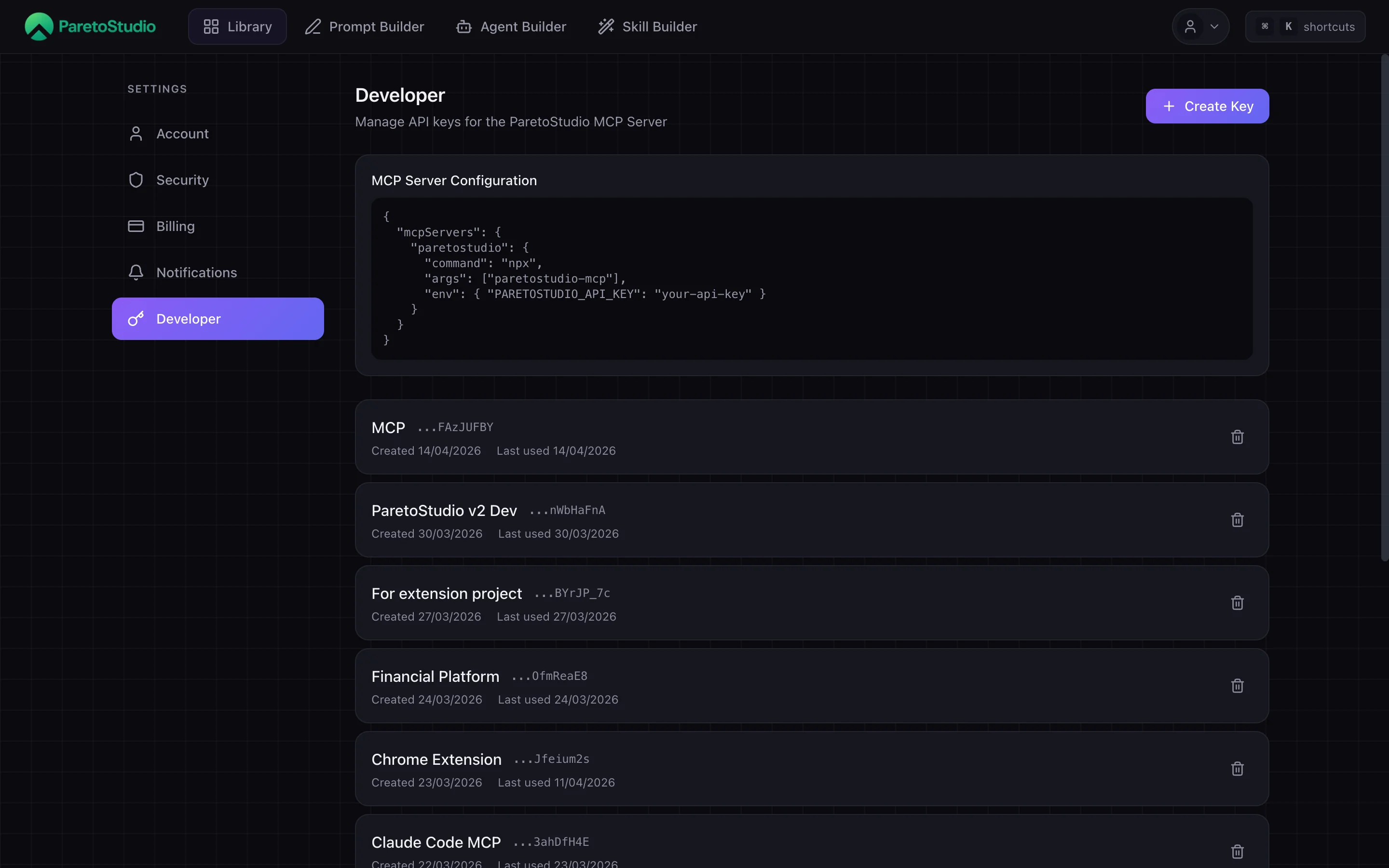 Settings - Developer panel showing MCP Server Configuration block ready to copy